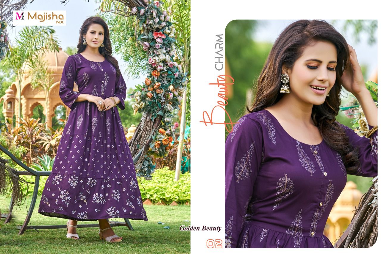 Majisha Nx Golden Beauty Ethnic Wear Rayon Long Anarkali Kurti Collection